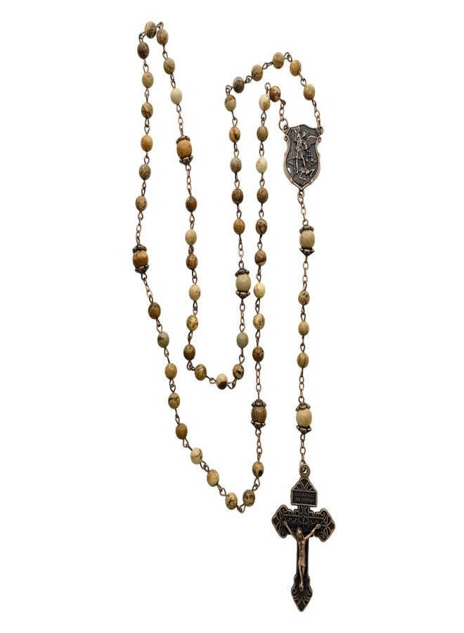 Intercession Natural Stone St. Michael Rosary - Handcrafted Green & Earth-Tone Gemstone Beads with Antique Bronze Crucifix and Medal (Jasper Stone - 6mm) - Image 5